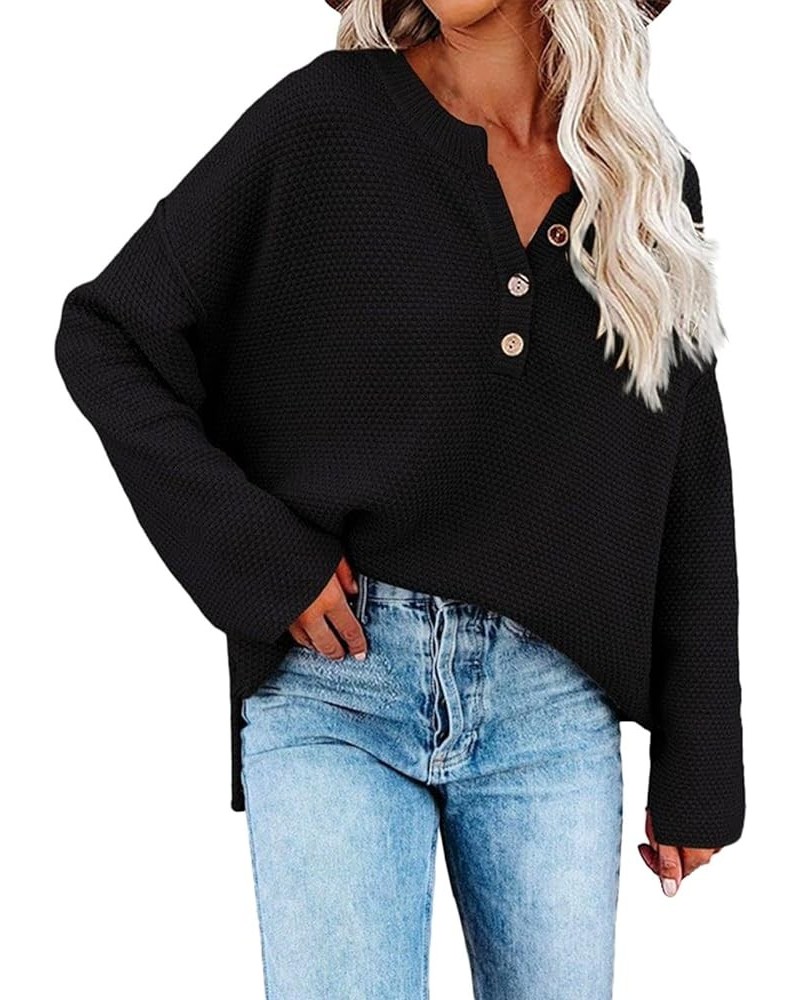 Womens 2023 Henley V Neck Winter Sweaters Long Sleeve Tops Chunky Knit Buttons Casual Relaxed Fit Pullover Jumper Top Black $...