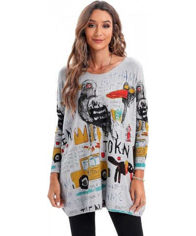 Women's Casual Long Sleeve Loose Artsy Graphic Newspaper Pullover Sweaters DH07 Grey $14.78 Sweaters