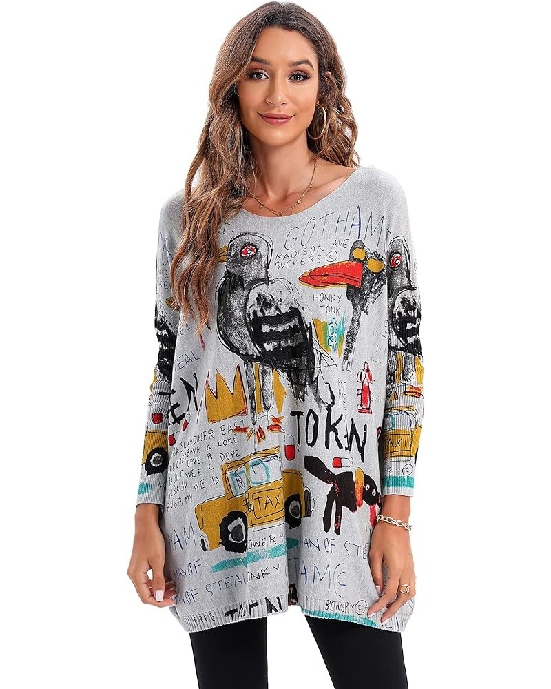 Women's Casual Long Sleeve Loose Artsy Graphic Newspaper Pullover Sweaters DH07 Grey $14.78 Sweaters