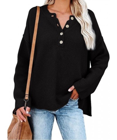 Womens 2023 Henley V Neck Winter Sweaters Long Sleeve Tops Chunky Knit Buttons Casual Relaxed Fit Pullover Jumper Top Black $...