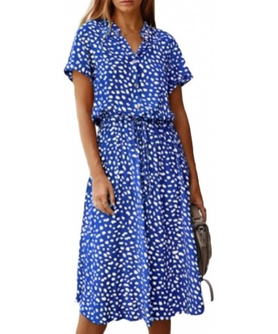 Women's Summer Short Sleeve Polka Dot Bohemian Floral Button Down Shirt Dress with Belt Blue $19.66 Dresses