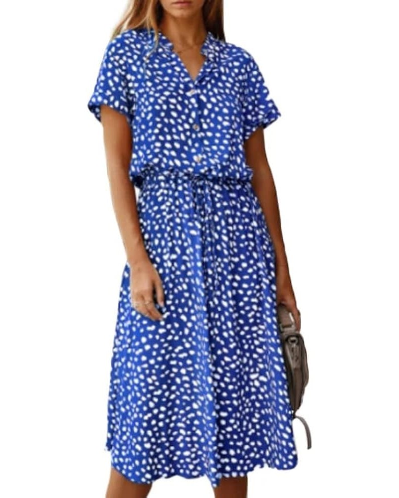 Women's Summer Short Sleeve Polka Dot Bohemian Floral Button Down Shirt Dress with Belt Blue $19.66 Dresses