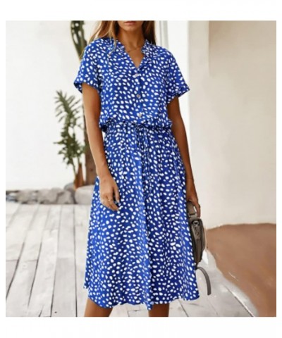 Women's Summer Short Sleeve Polka Dot Bohemian Floral Button Down Shirt Dress with Belt Blue $19.66 Dresses