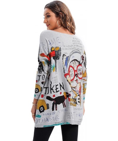 Women's Casual Long Sleeve Loose Artsy Graphic Newspaper Pullover Sweaters DH07 Grey $14.78 Sweaters