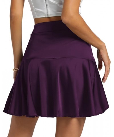 Women's Satin Wrap Ruffle Self Tie High Waist Silky Skater Mini Skirt Dark Purple $15.94 Skirts