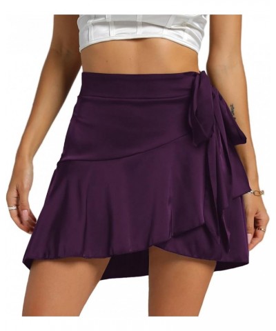 Women's Satin Wrap Ruffle Self Tie High Waist Silky Skater Mini Skirt Dark Purple $15.94 Skirts