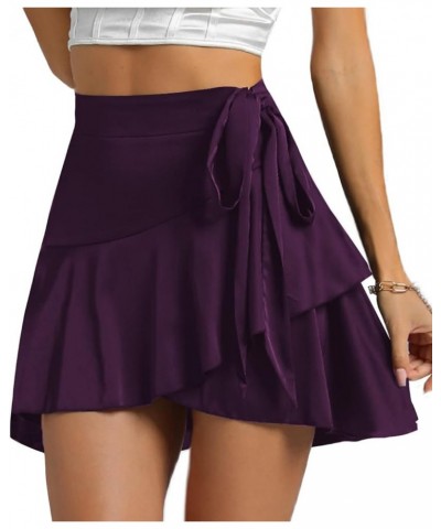 Women's Satin Wrap Ruffle Self Tie High Waist Silky Skater Mini Skirt Dark Purple $15.94 Skirts