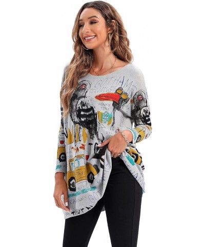 Women's Casual Long Sleeve Loose Artsy Graphic Newspaper Pullover Sweaters DH07 Grey $14.78 Sweaters