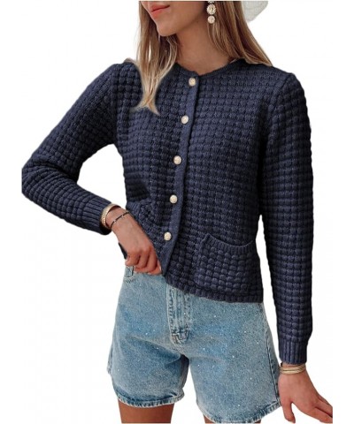 Womens 2023 Cardigan Sweaters Button Up Open Front Long Sleeve Knit Outwear Navy Blue $20.29 Sweaters