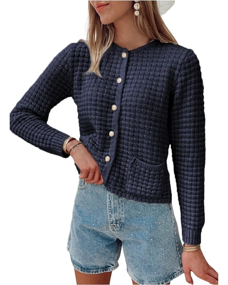 Womens 2023 Cardigan Sweaters Button Up Open Front Long Sleeve Knit Outwear Navy Blue $20.29 Sweaters