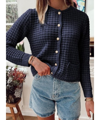 Womens 2023 Cardigan Sweaters Button Up Open Front Long Sleeve Knit Outwear Navy Blue $20.29 Sweaters