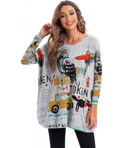 Women's Casual Long Sleeve Loose Artsy Graphic Newspaper Pullover Sweaters DH07 Grey $14.78 Sweaters