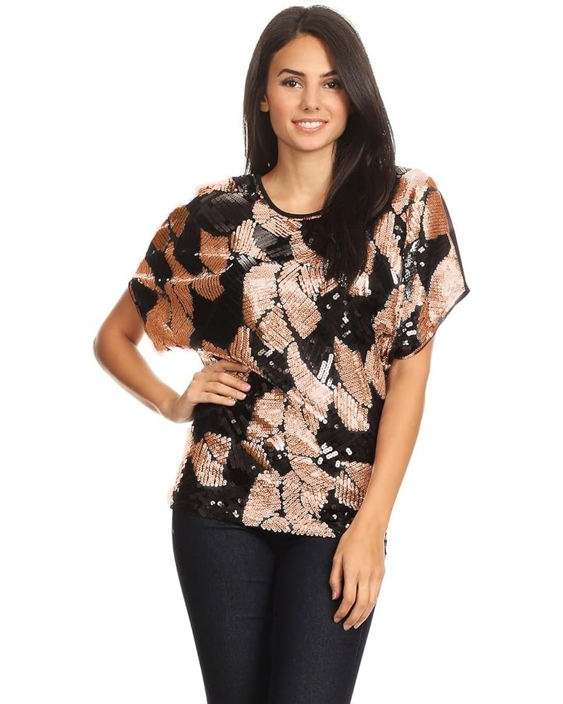 Womens Loose Fit Sequin Dolman Sleeve Evening Blouse Top Orange Brown $19.23 Blouses