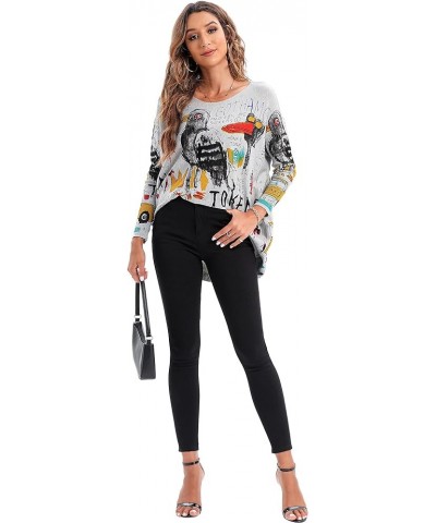 Women's Casual Long Sleeve Loose Artsy Graphic Newspaper Pullover Sweaters DH07 Grey $14.78 Sweaters