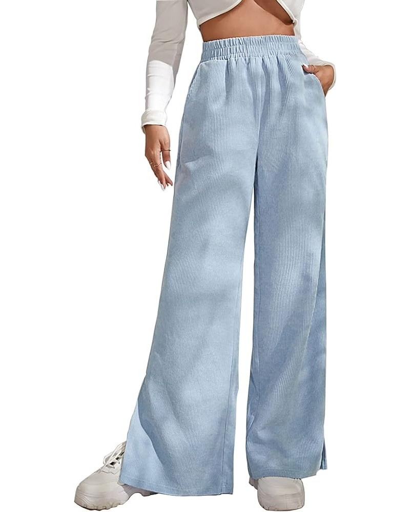 Womens Flare Corduroy Pants Elastic High Waist Loose Pants Split Bell Bottom Trousers with Pockets Blue $11.40 Pants