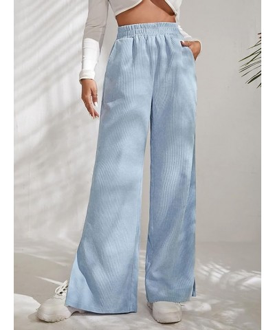 Womens Flare Corduroy Pants Elastic High Waist Loose Pants Split Bell Bottom Trousers with Pockets Blue $11.40 Pants