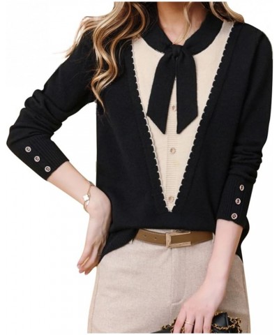 Women's Tie Neck Casual Shirt Long Sleeve Patchwork Tunic Pullover Blouse Tops 24773 Black $15.50 Tops