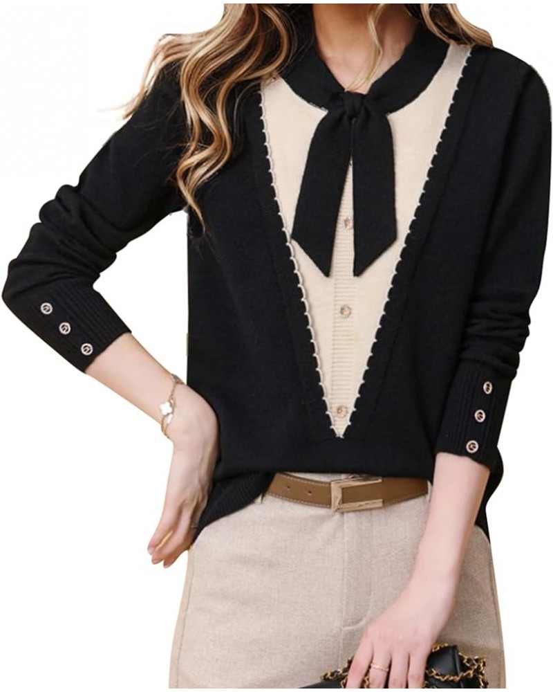 Women's Tie Neck Casual Shirt Long Sleeve Patchwork Tunic Pullover Blouse Tops 24773 Black $15.50 Tops