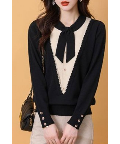 Women's Tie Neck Casual Shirt Long Sleeve Patchwork Tunic Pullover Blouse Tops 24773 Black $15.50 Tops