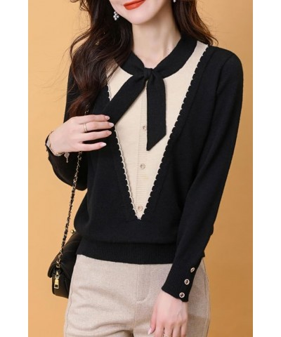 Women's Tie Neck Casual Shirt Long Sleeve Patchwork Tunic Pullover Blouse Tops 24773 Black $15.50 Tops