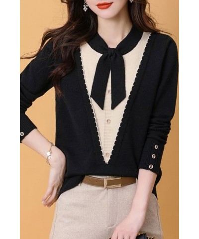 Women's Tie Neck Casual Shirt Long Sleeve Patchwork Tunic Pullover Blouse Tops 24773 Black $15.50 Tops