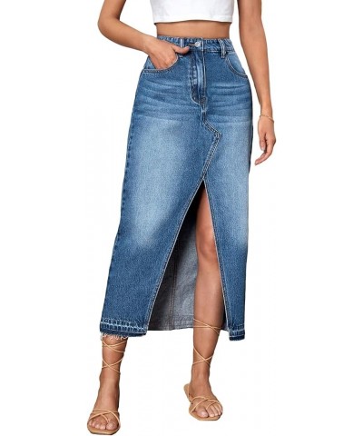 Women's High Waist Split Thigh Zipper Up Asymmetrical Midi Denim Skirt with Pocket Dark Wash $23.03 Skirts