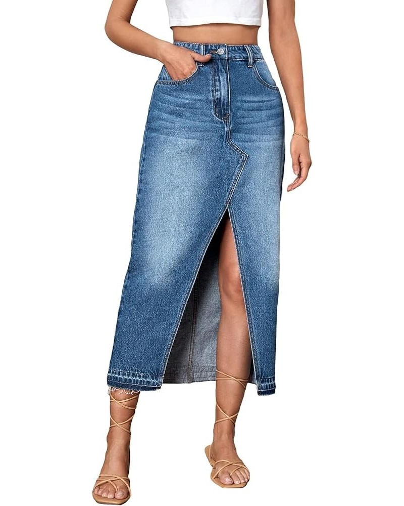 Women's High Waist Split Thigh Zipper Up Asymmetrical Midi Denim Skirt with Pocket Dark Wash $23.03 Skirts