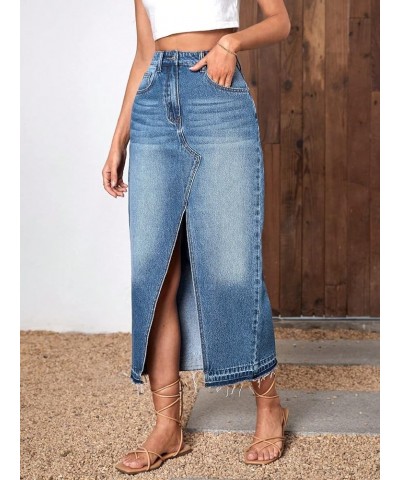 Women's High Waist Split Thigh Zipper Up Asymmetrical Midi Denim Skirt with Pocket Dark Wash $23.03 Skirts