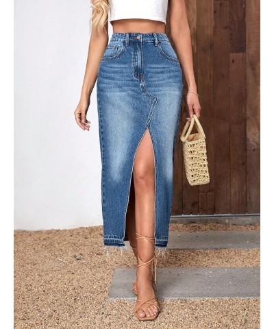 Women's High Waist Split Thigh Zipper Up Asymmetrical Midi Denim Skirt with Pocket Dark Wash $23.03 Skirts