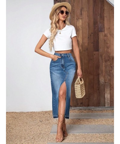 Women's High Waist Split Thigh Zipper Up Asymmetrical Midi Denim Skirt with Pocket Dark Wash $23.03 Skirts