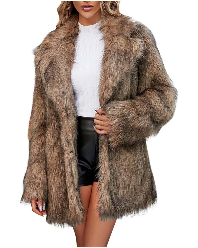 Ladies Faux Fur Coat Women's Thick Outerwear Cardigan Long Sleeves Fleece Jacket Lapel Collar Faux Fur Fluffy Coat Brown $22....