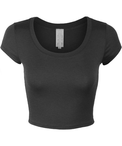 Womens Short Sleeve Crop Top Solid Round Neck T Shirt 358_charcoal $9.02 T-Shirts