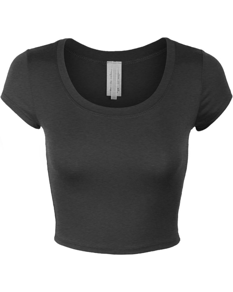 Womens Short Sleeve Crop Top Solid Round Neck T Shirt 358_charcoal $9.02 T-Shirts