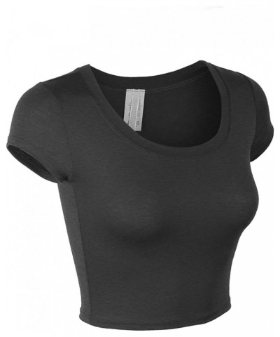 Womens Short Sleeve Crop Top Solid Round Neck T Shirt 358_charcoal $9.02 T-Shirts