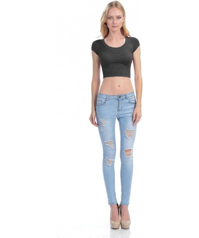 Womens Short Sleeve Crop Top Solid Round Neck T Shirt 358_charcoal $9.02 T-Shirts