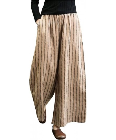 Women's Wide Leg Pants Elastic Waist Cotton and Linen Pants Striped Straight Cropped Pants Business Casual, M-3XL Khaki $7.43...