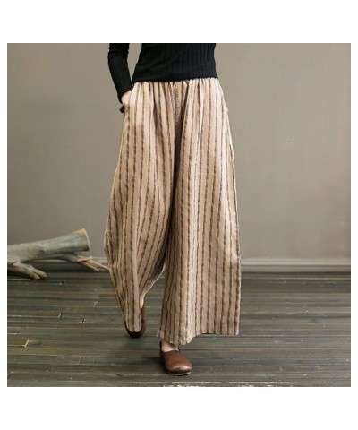 Women's Wide Leg Pants Elastic Waist Cotton and Linen Pants Striped Straight Cropped Pants Business Casual, M-3XL Khaki $7.43...