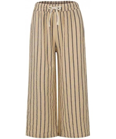 Women's Wide Leg Pants Elastic Waist Cotton and Linen Pants Striped Straight Cropped Pants Business Casual, M-3XL Khaki $7.43...