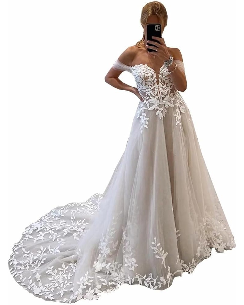 Lace Boho Wedding Dresses for Bride Tulle Appliques Wedding Gowns Off Shoulder Beach Bride Party Dress Ivory $72.49 Dresses