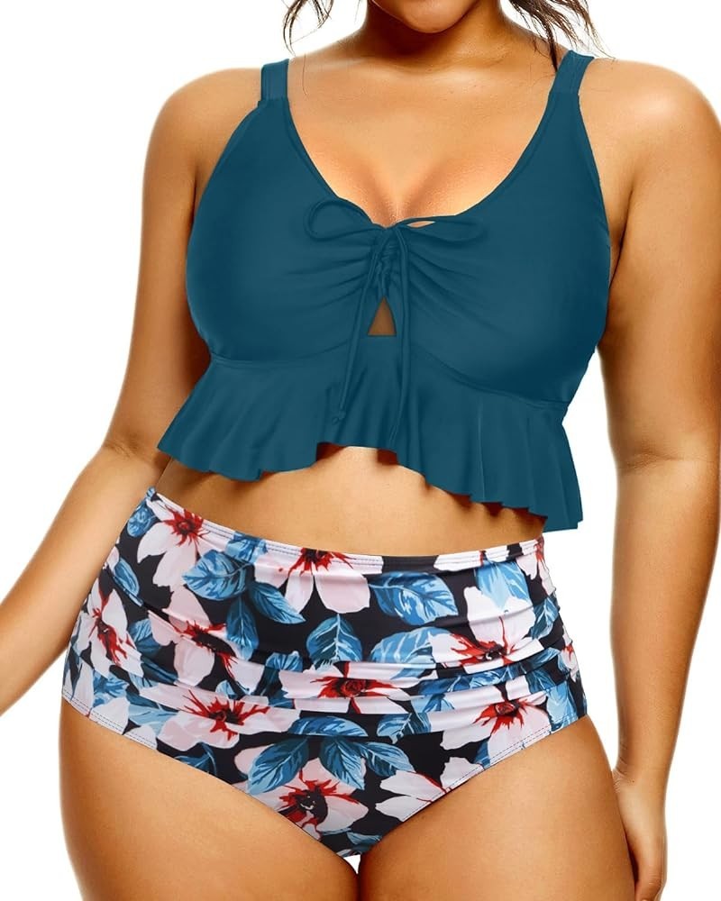 Women Plus Size Two Piece Swimsuits High Waisted Bikini Set Ruffle Flounce Tummy Control Bathing Suits with Bottom Blue Green...