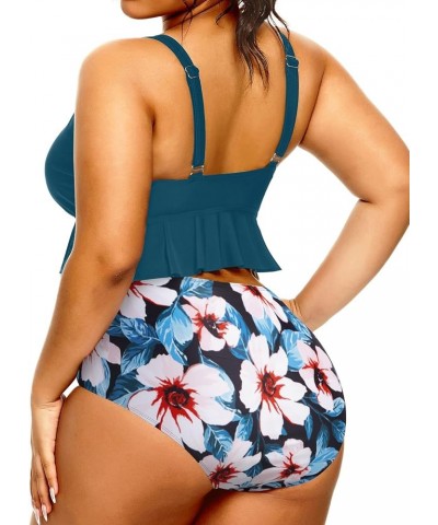 Women Plus Size Two Piece Swimsuits High Waisted Bikini Set Ruffle Flounce Tummy Control Bathing Suits with Bottom Blue Green...