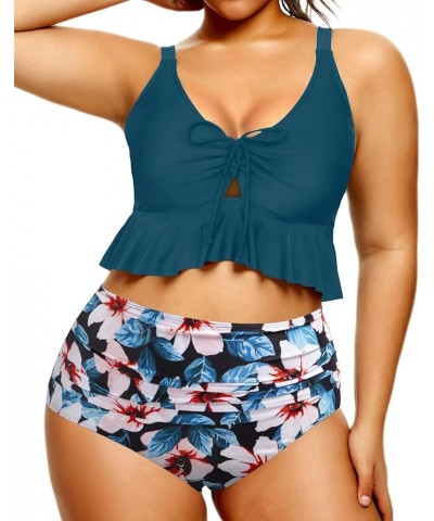 Women Plus Size Two Piece Swimsuits High Waisted Bikini Set Ruffle Flounce Tummy Control Bathing Suits with Bottom Blue Green...