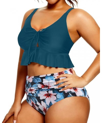 Women Plus Size Two Piece Swimsuits High Waisted Bikini Set Ruffle Flounce Tummy Control Bathing Suits with Bottom Blue Green...