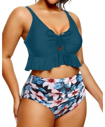 Women Plus Size Two Piece Swimsuits High Waisted Bikini Set Ruffle Flounce Tummy Control Bathing Suits with Bottom Blue Green...