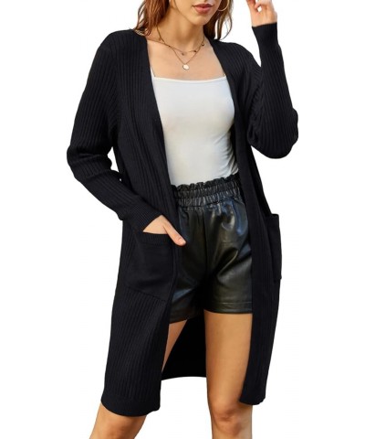 Women's Casual Open Front Cardigan Long Knitted Sweaters Shrug with Pockets Black-rib $23.21 Sweaters