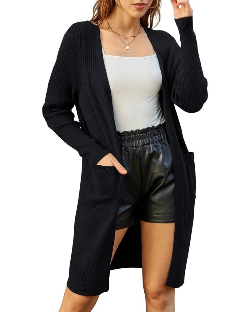 Women's Casual Open Front Cardigan Long Knitted Sweaters Shrug with Pockets Black-rib $23.21 Sweaters