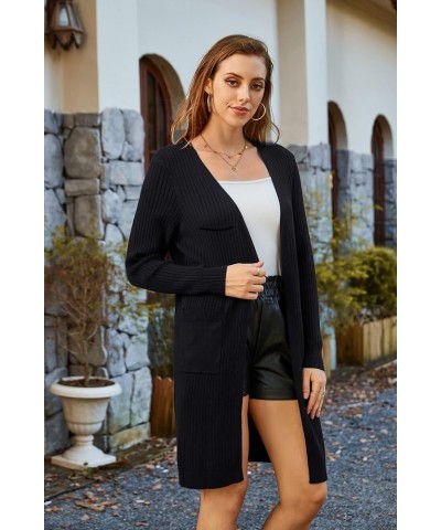 Women's Casual Open Front Cardigan Long Knitted Sweaters Shrug with Pockets Black-rib $23.21 Sweaters