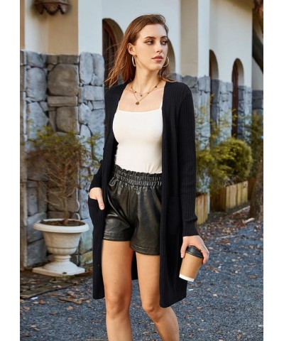 Women's Casual Open Front Cardigan Long Knitted Sweaters Shrug with Pockets Black-rib $23.21 Sweaters