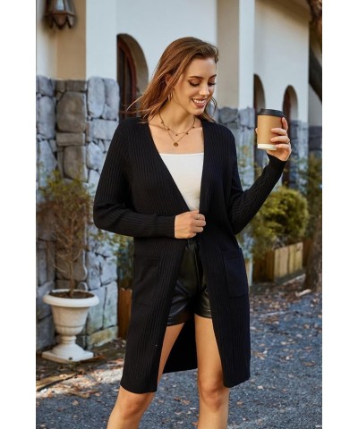 Women's Casual Open Front Cardigan Long Knitted Sweaters Shrug with Pockets Black-rib $23.21 Sweaters