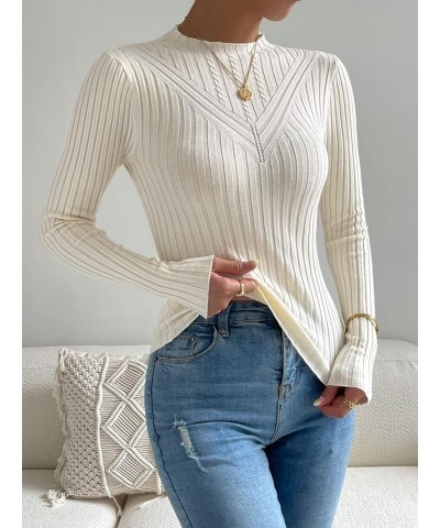 Women's Sweater Eyelet Detail Ribbed Knit Mock Neck Sweater Sweater for Women (Color : Apricot, Size : Large) Small Apricot $...